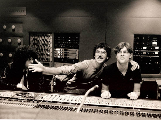 Argentine rocker Charly García (center) and Blaney during the mixing of 'Piano Bar' (1984). Daniel Jacobson observes them. (courtesy joeblaney.com)